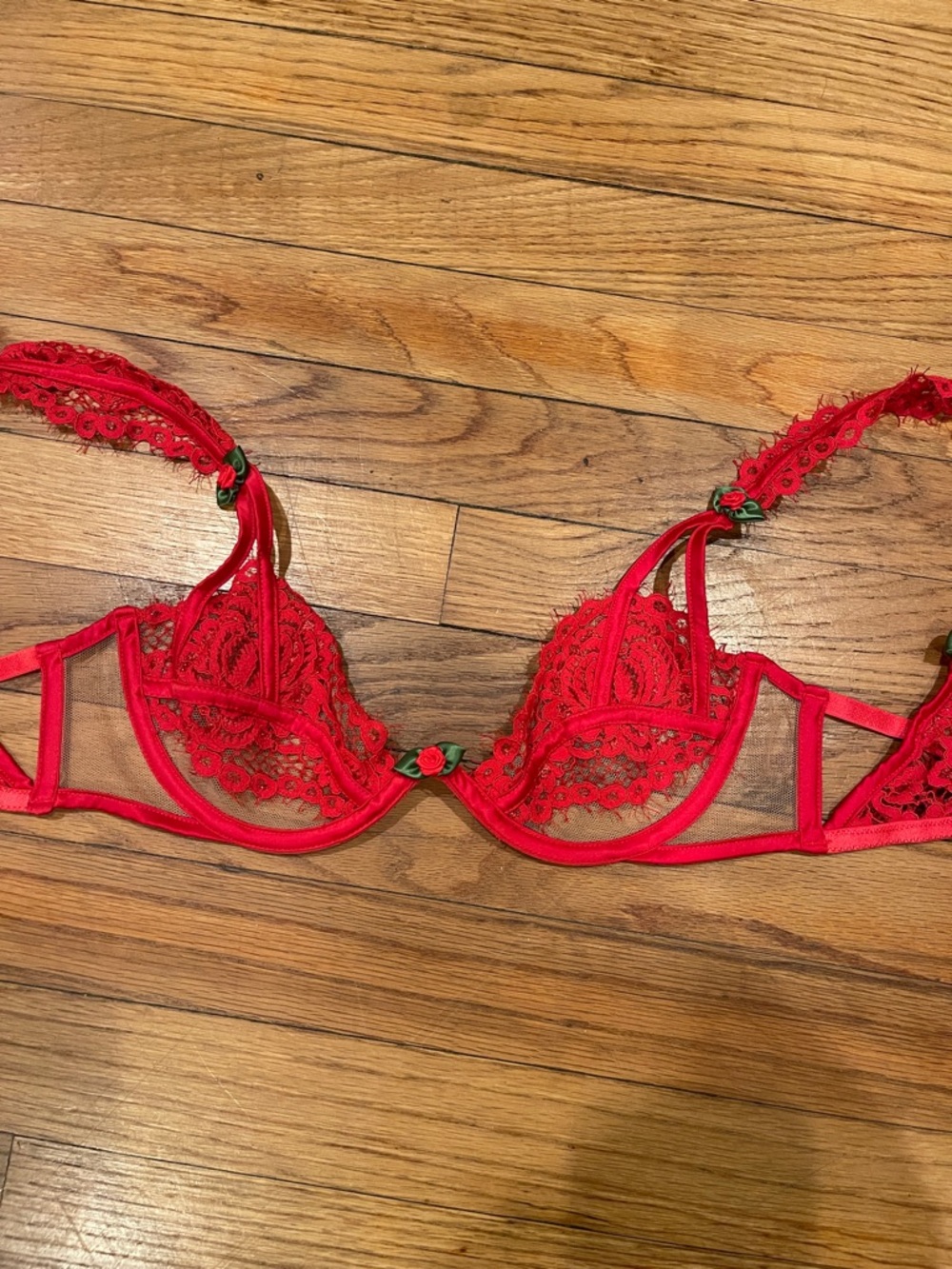 For Love And Lemons Red Lace Underwire Bra with Rose Trim
